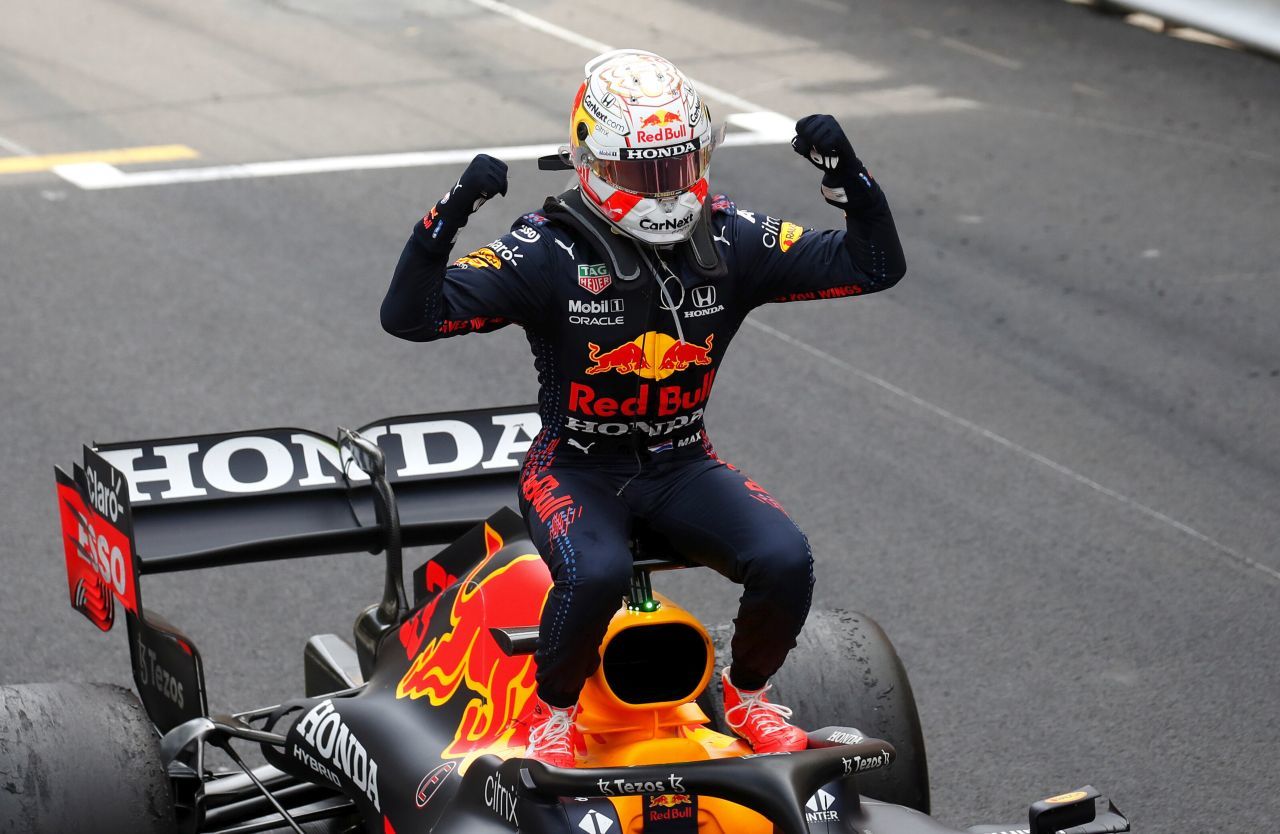 23. Mai 2021: Honda-Star Max Verstappen jubelt über den Sieg beim Grand Prix von Monaco.