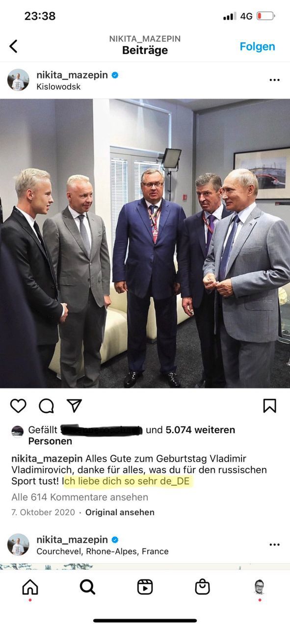 Ein  Instagram-Post von Nikita Mazepin, der alles über seine Nähe zu Putin sagt. (Quelle: Christian Nimmervoll, www.motorsport-total.com)