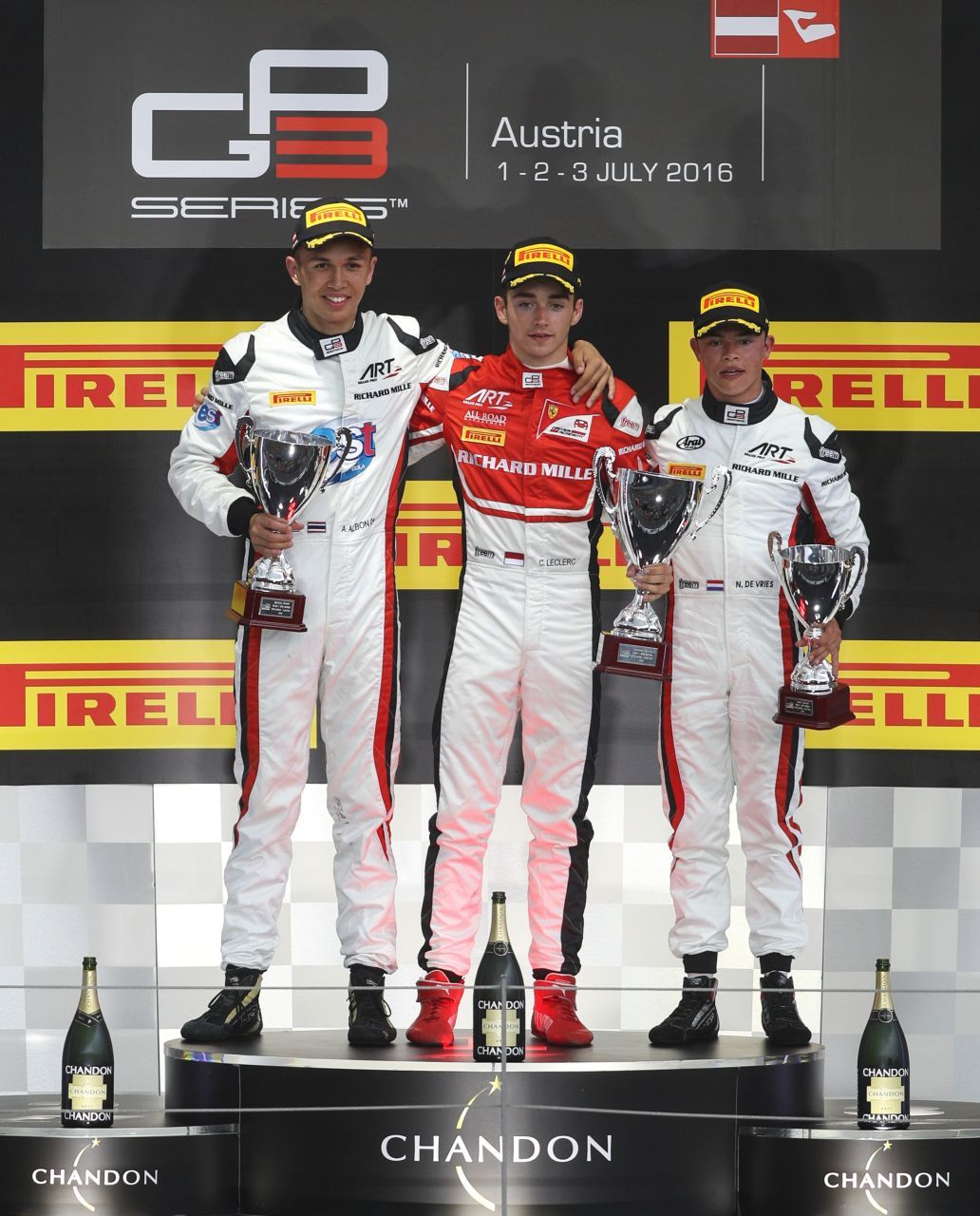Spielberg 2016, GP3. Albon und Leclerc sind in der Formel 1 längst etabliert – De Vries (rechts, damals Dritter) könnte nun folgen.