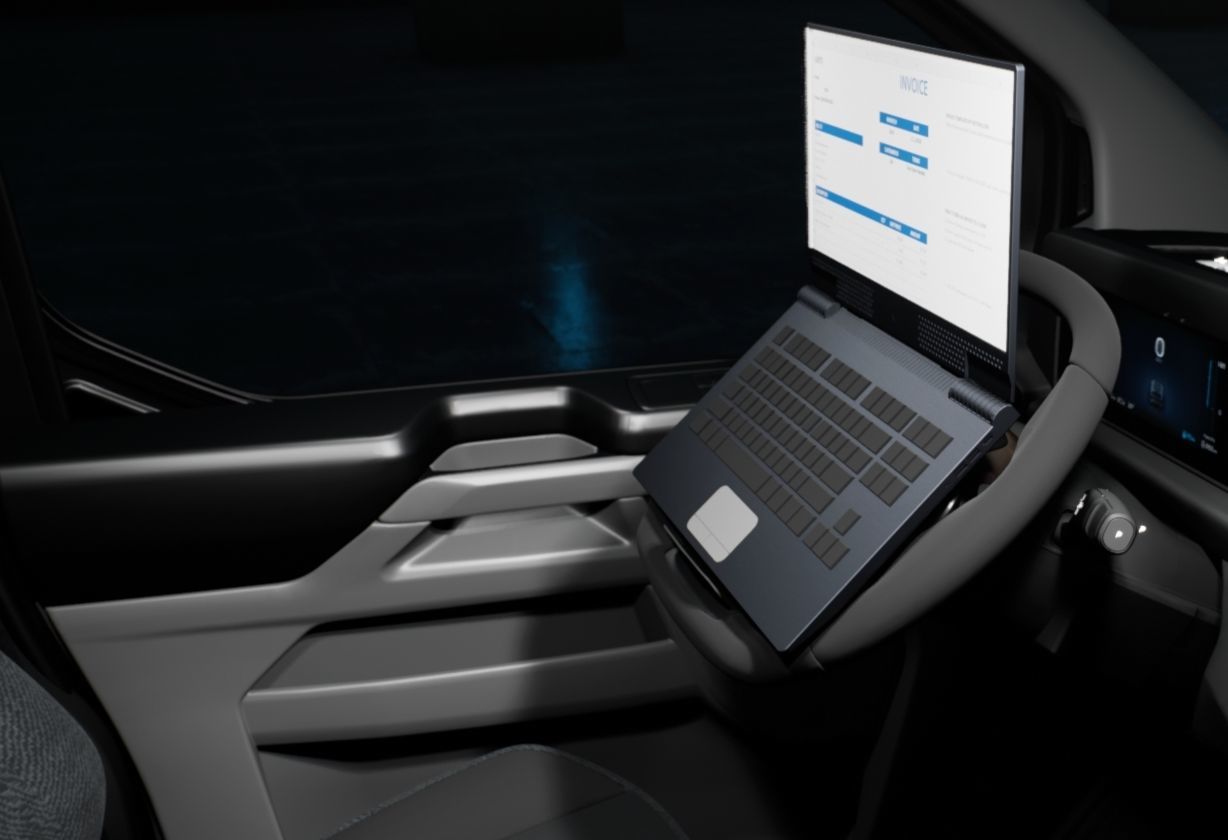 Mit dem bis in die Waagrechte umlegbaren Lenkrad wird das Cockpit zum mobilen Büro. WiFi-Hotspot und USB-Anschlüsse ergänzen die Office-Talente.