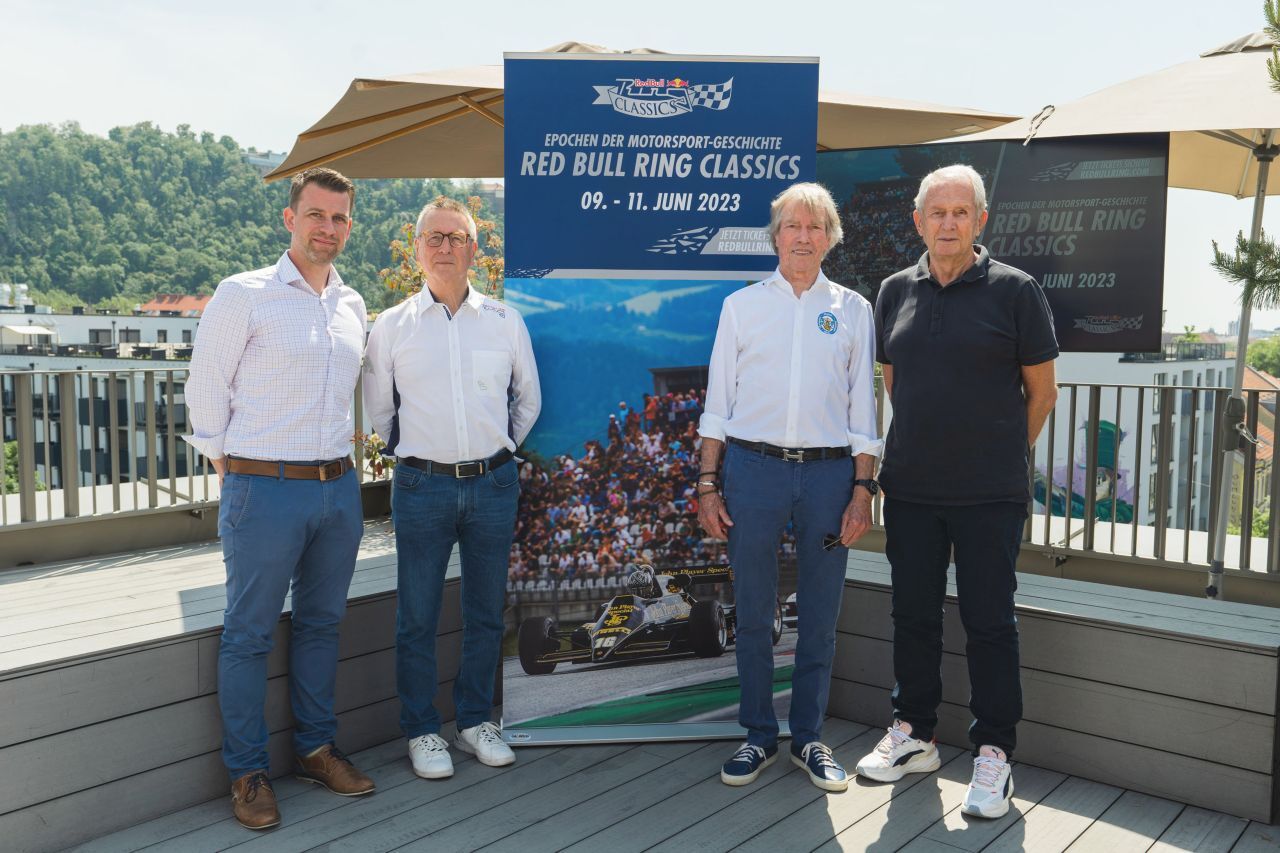 Binna bei der Red-Bull-Ring-Classics-Präsentation im Grazer Hotel Lend mit Red-Bull-Ring-Chef Wolf, Prinz Poldi von Bayern und Helmut Marko.