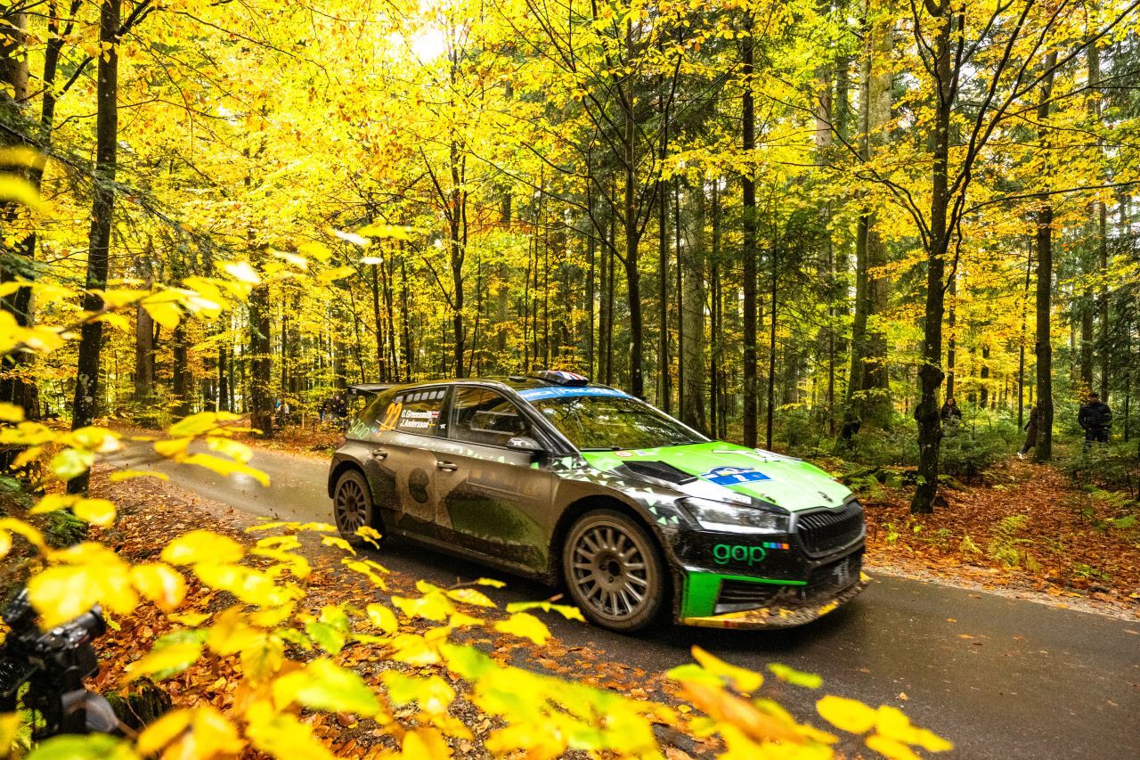 Gus Greensmith bei der Rallye, die tatsächlich sehr viel Grün zu bieten hatte.