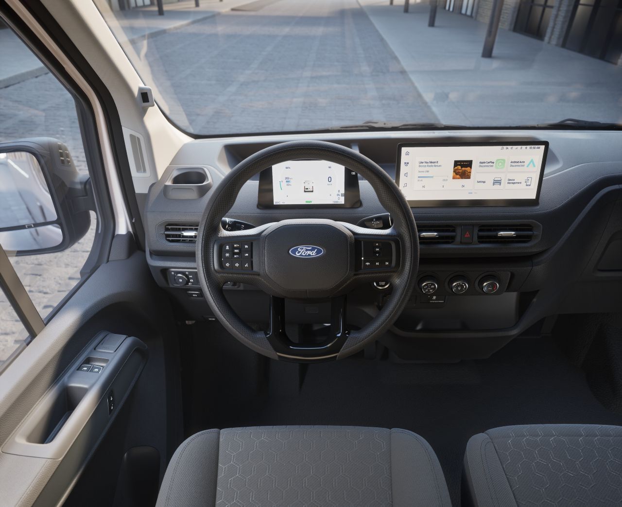 Drei Sitzplätze in einer Reihe und modern-reduziertes Design mit etwas kleinteiligem Fahrerdisplay sowie großem 12-Zoll-Touchscreen.