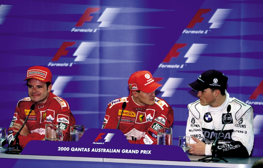 Rubens Barrichello (l., mit Michael und Ralf Schumacher)