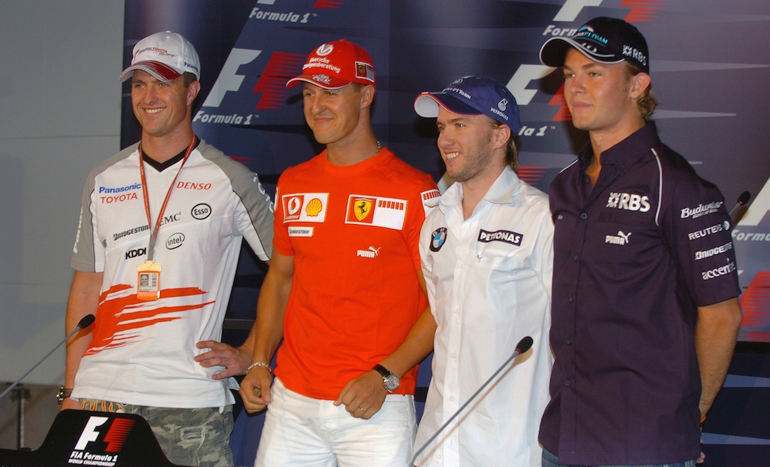Nick Heidfeld (3. v. l., hier im Jahr 2006 mit Ralf und Michael Schumacher sowie Nico Rosberg)