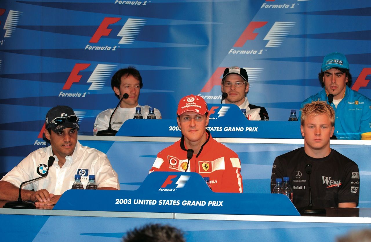 Jacques Villeneuve (oben in der Mitte, mit da Matta, Alonso, Montoya, Michael Schumacher, Räikkönen)