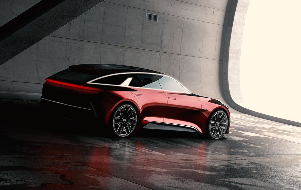 Mit riesigen Felgen, Coupe-hafter Seitenlinie, versenkten Türgriffen und einem Heck-Leuchtband im Stil des Porsche Panamera zeigt Kia schon, wohin es konkret gehen könnte.