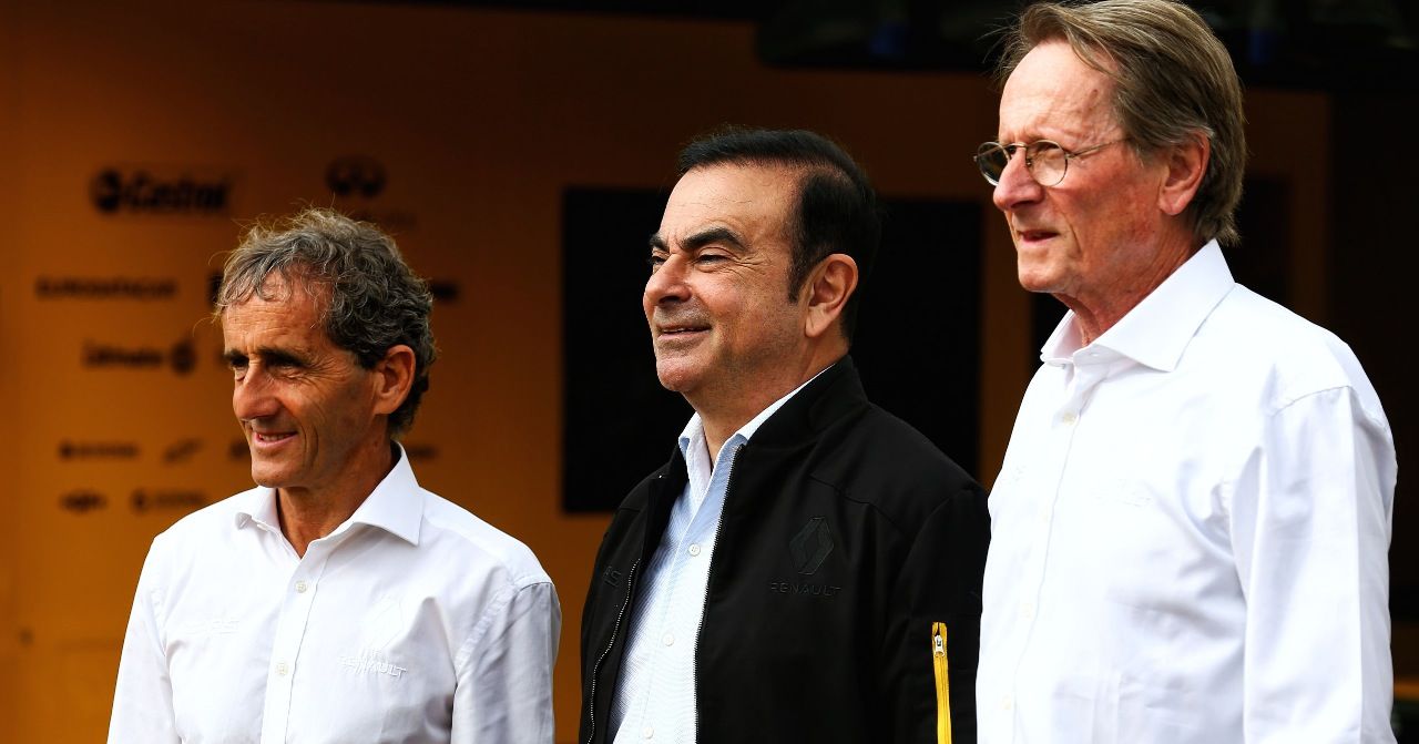 Die Renault-Legenden Alain Prost und Jean-Pierre Jabouille mit dem einstigen Renault-Boss Carlos Ghosn.