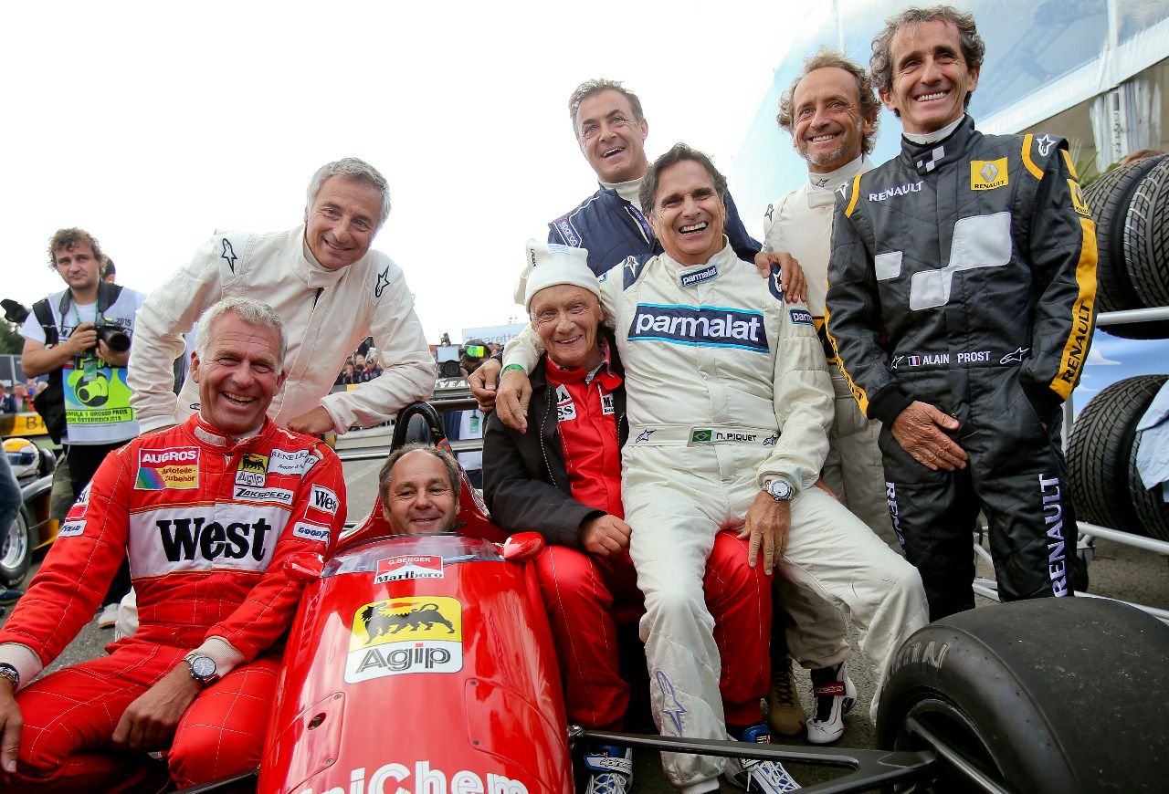 Goldene Generation: Danner, Patrese, Berger, Lauda, Alesi, Piquet, Martini und Prost.