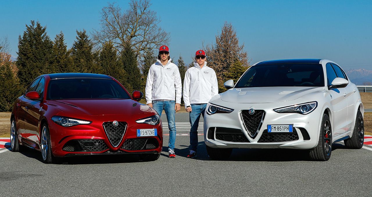 Alfa-Werksfahrer auch in der Freizeit: Giovinazzi setzt auf eine Giulia, Familienvater Räikkönen auf Stelvio.